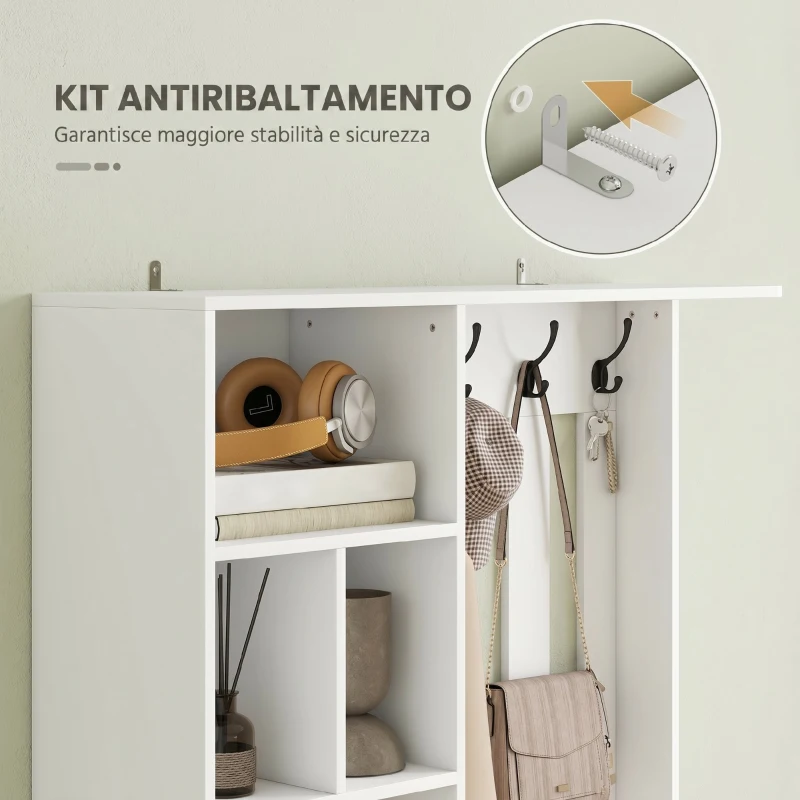 HOMCOM Appendiabiti 180 cm con Panca Porta Scarpe, Soluzione 4-in-1 con Ripiano Regolabile, 4 Ganci e Scomparti Aperti, per Ingresso Soggiorno, Bianco