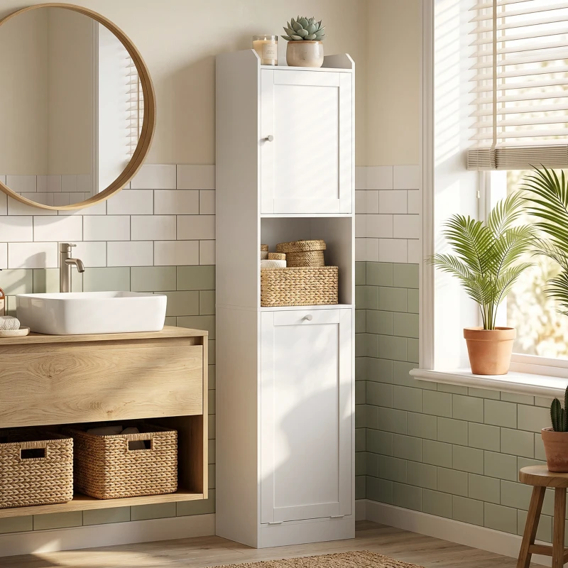 HOMCOM Mobile Bagno Alto con Cesto a Ribalta e Mensole, 40x30x170 cm, Bianco