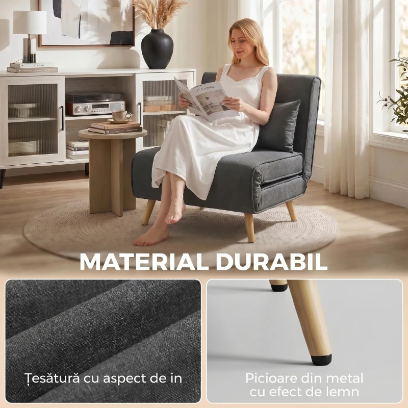 HOMCOM Fotoliu Extensibil 3 în 1 cu Spătar Reglabil pe 3 Niveluri și Pernă, Material Textil cu Aspect de In, Gri