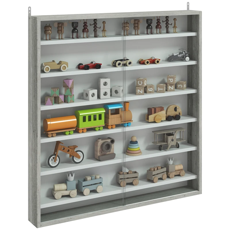 HOMCOM Six Shelf Display Cabinet, with Glass Doors - Graphite Wood Effect