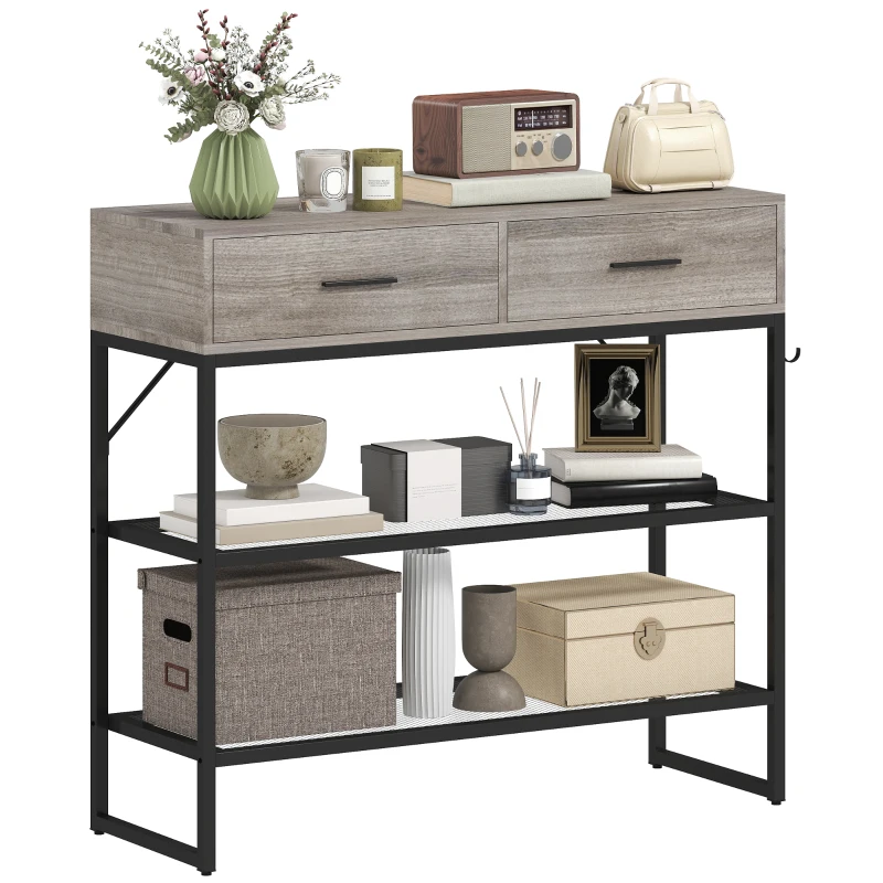 HOMCOM Consolă de Intrare cu 2 Sertare, 2 Rafturi din Plasă și Cârlig Lateral, Consolă în Lemn și Metal, Măsuță de Intrare pentru Dormitor, 100x35x92 cm, Gri Deschis