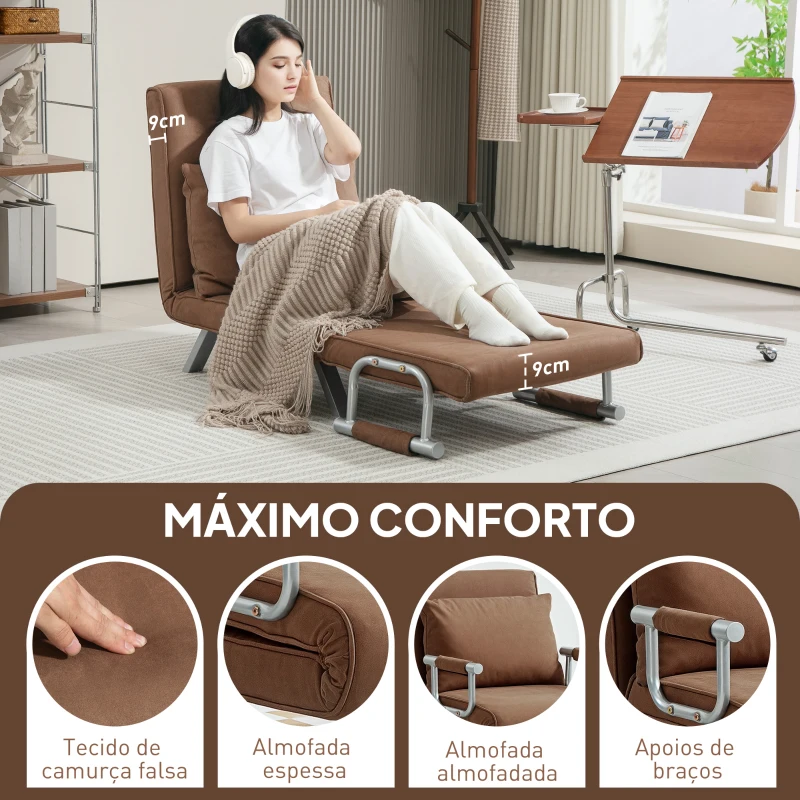HOMCOM Sofá Cama Individual Sofá Cama Individual Sofá Reclinável com Almofada para Sala Quarto Carga 100 kg 65x69x80 cm Marrom