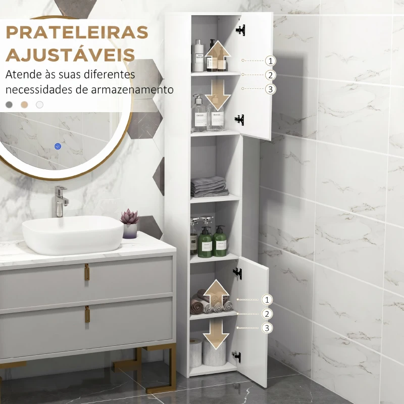 kleankin Armário Alto e Estreito para Casa de Banho com Portas e Prateleiras Ajustáveis 30x30x181,5 cm Branco Brilhante