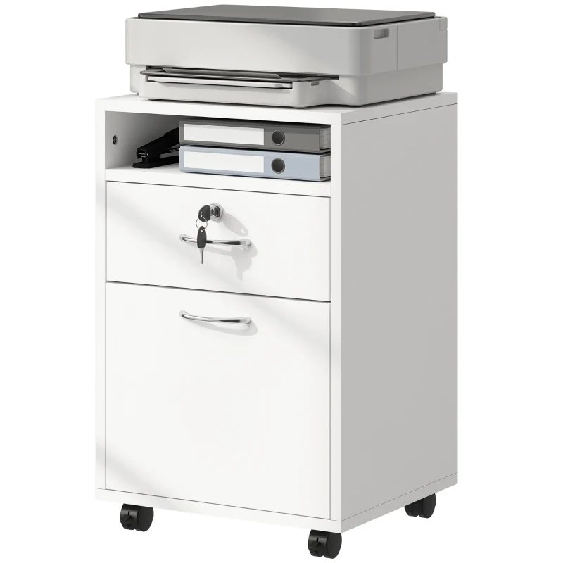 HOMCOM Cajonera de Oficina con Cajón con Cerradura y Armario con Ruedas Soporte de Impresora para Estudio 40x35x60 cm Blanco
