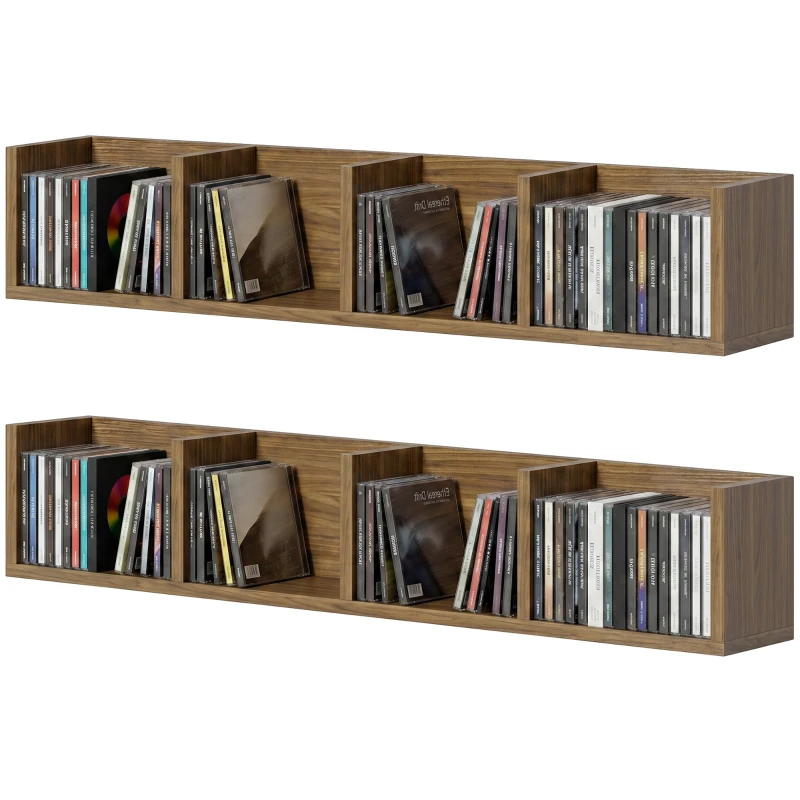 HOMCOM Wooden Shelf Organiser Unit, Wall Mounts Set of 2 84 CD / 56 DVD/Blu-ray/ Media Storage Racks 4 Cubes, Walnut Brown