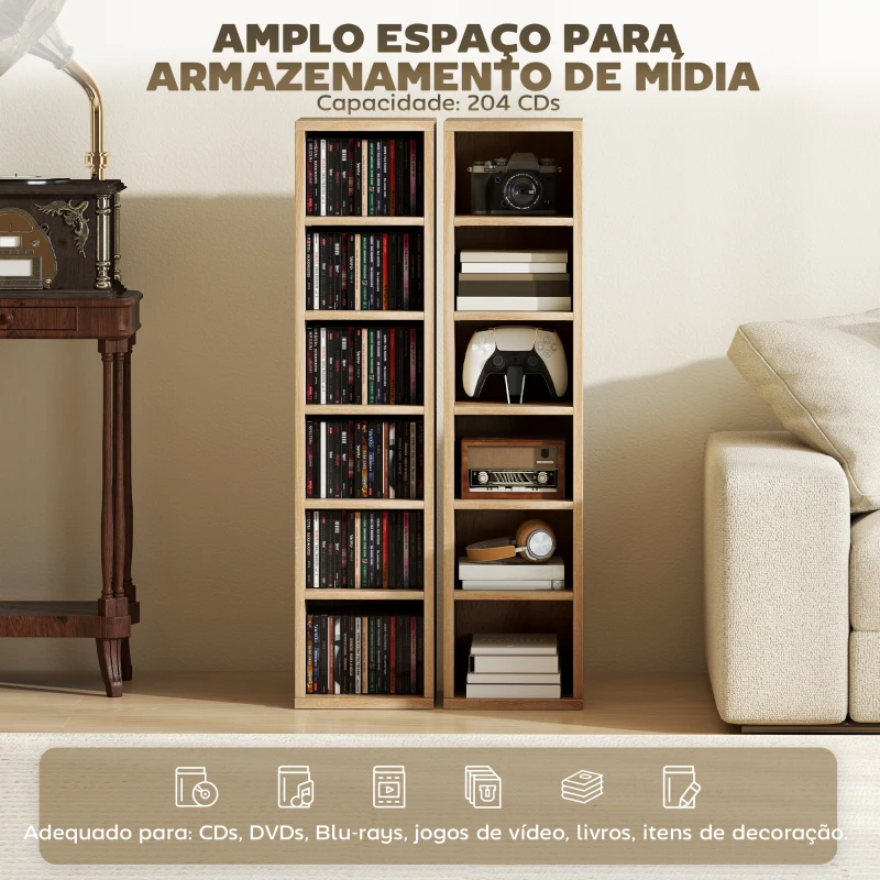 HOMCOM Conjunto de 2 Estantes para CDs e DVDs com 12 Compartimentos e Prateleiras Ajustáveis 21x22,5x88,5 cm em Carvalho