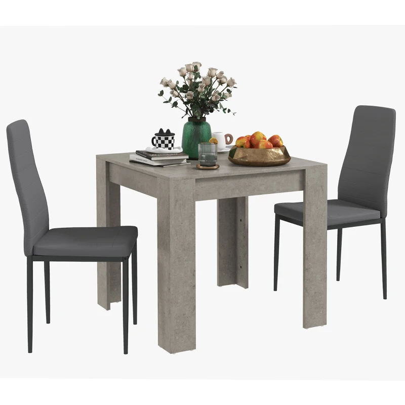 HOMCOM Set de Masă pentru 3 Persoane cu Masă de Bucătărie 80x80x76 cm și 2 Scaune Moderne 41x50x97 cm, Gri