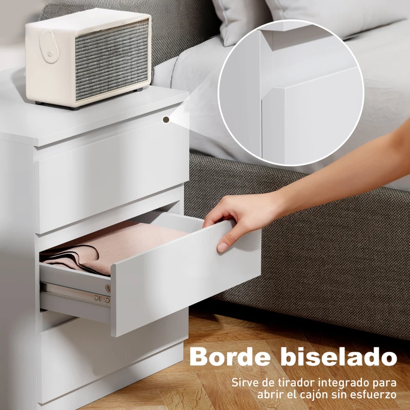 HOMCOM Cómoda 3 Cajones con Cierre Suave Cajonera para Salón Oficina Estilo Moderno 45x40x52,8 cm Blanco