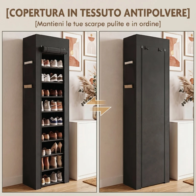 HOMCOM Scarpiera 10 Ripiani, Copertura Antipolvere, 20 Paia, 45x30x175 cm, Nero