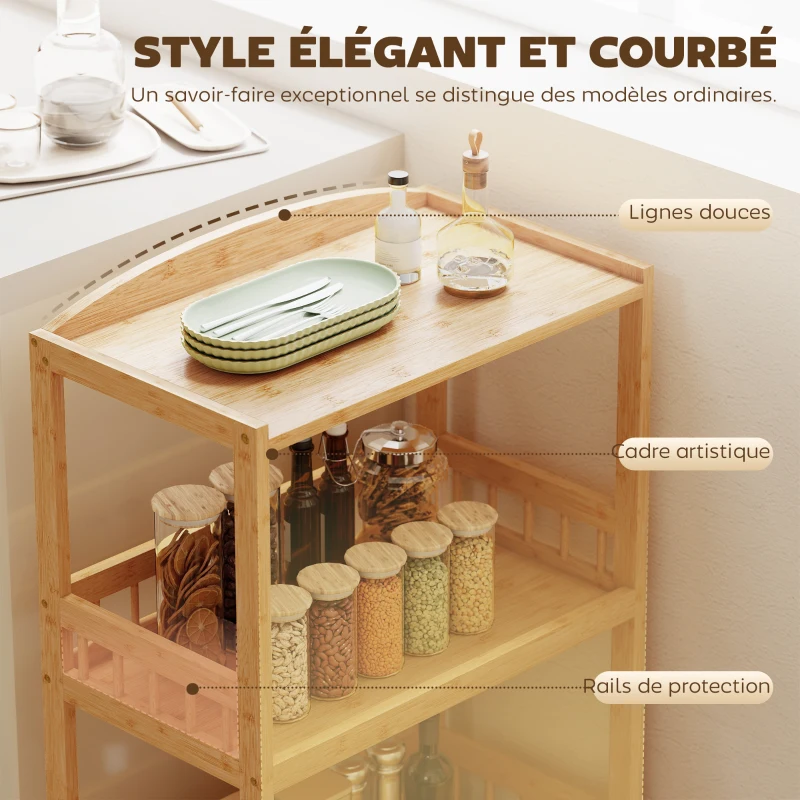 HOMCOM Chariot de cuisine à 3 niveaux, desserte à roulettes en bambou pour chambre, salon, bureau, 53x30,5x83cm, bois naturel