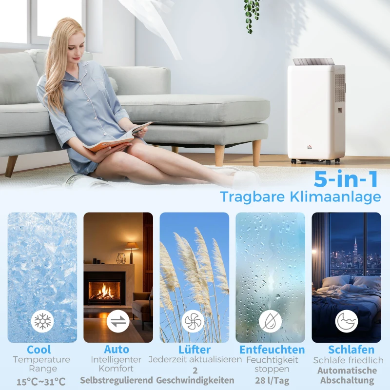 HOMCOM Mobiles Klimagerät mit Abluftschlauch 12000 BTU 3,5 kW, 5-in-1, 24h-Timer, Fernbedienung bis 35㎡
