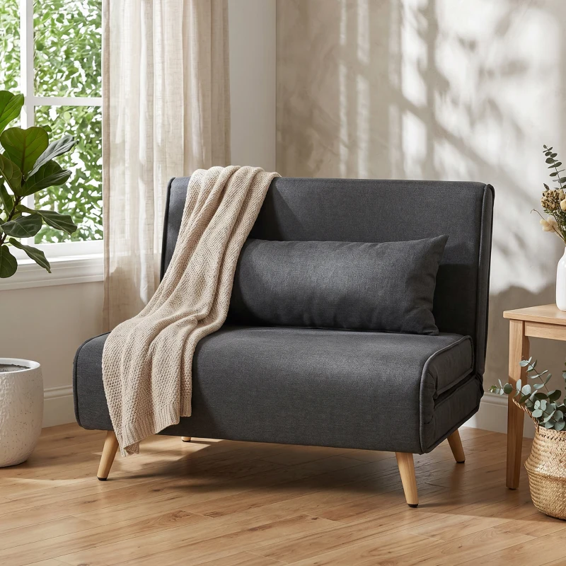 HOMCOM Fotoliu Extensibil 3 în 1 cu Spătar Reglabil pe 3 Niveluri și Pernă, Material Textil cu Aspect de In, Gri