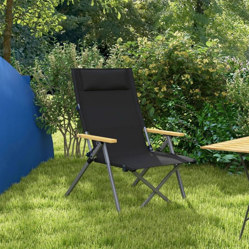 Outsunny Chaise de camping chaise de pêche pliante et portable, dossier ajustable, appui-tête rembourré, 74 x 59,5 x 98 cm, noir