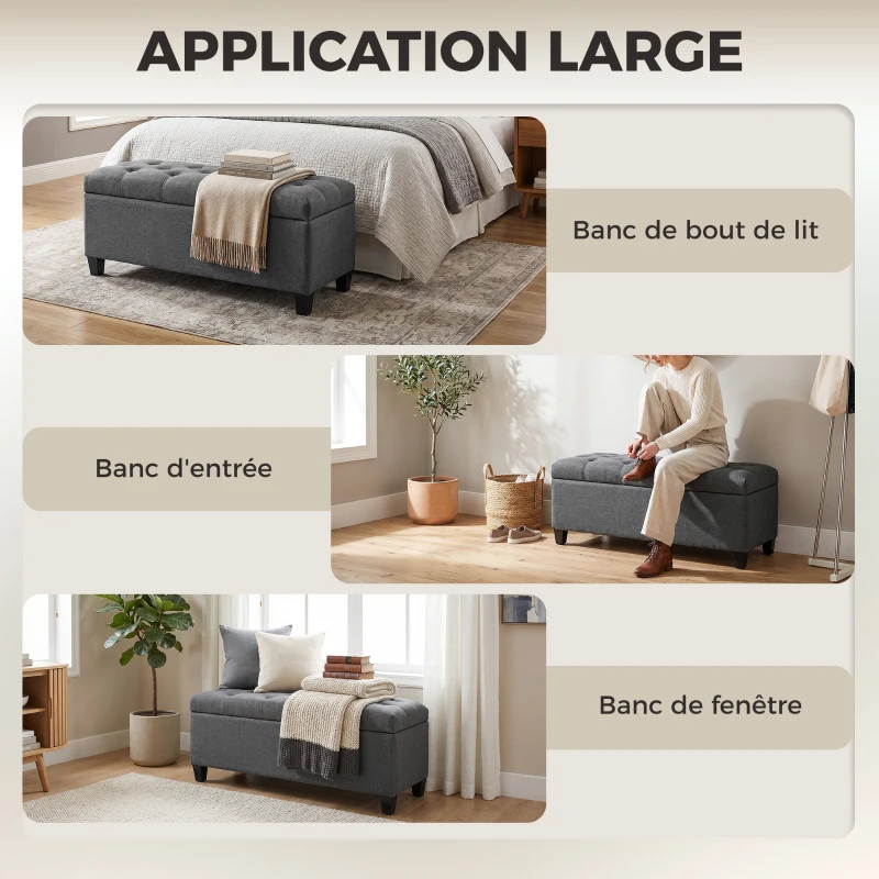 HOMCOM Banc de rangement pouf salon bout de lit coffre de rangement pour salon, chambre, entrée, 100 x 40 x 44 cm, gris foncé