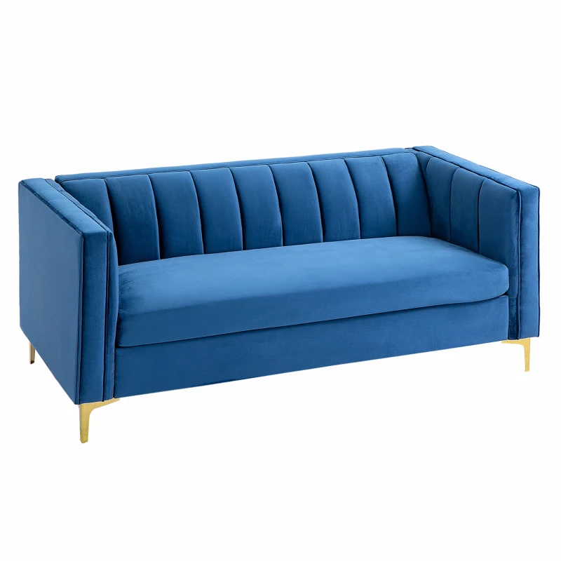 HOMCOM Canapé 3 Places Style Art Déco piètement Acier doré revêtement Velours Bleu