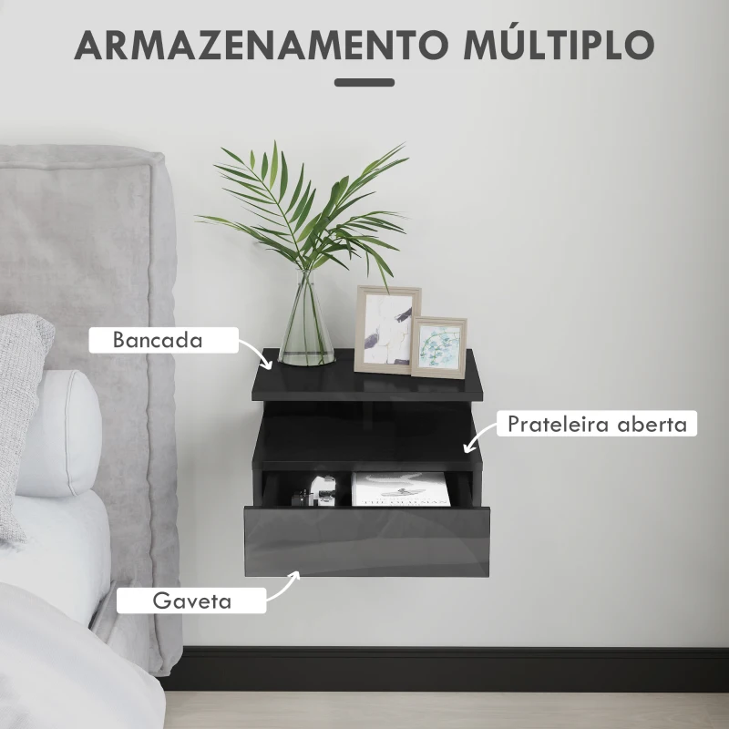 HOMCOM Conjunto de 2 Mesas de Cabeceira Flutuantes com Gaveta e Prateleira Aberta para Sala de Estar, 35x32x22,5 cm Preto Brilhante