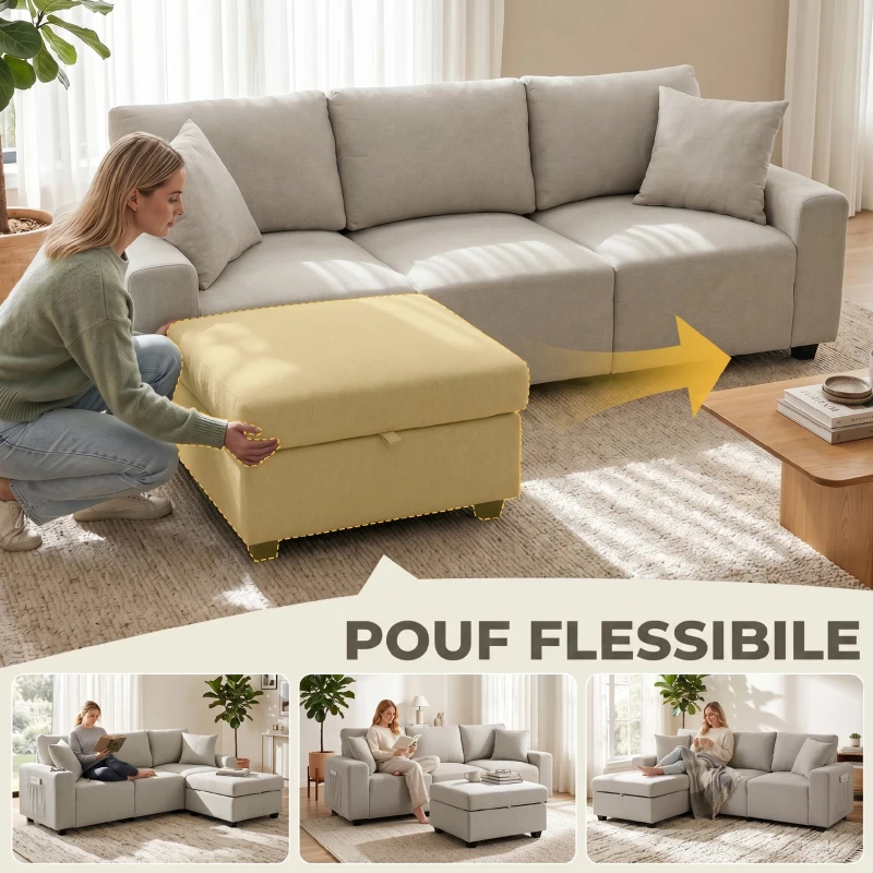 HOMCOM Divano Angolare 3 Posti in Tessuto Effetto Lino con Contenitore Poggiapiedi Rimovibile, 2 Cuscini, Beige