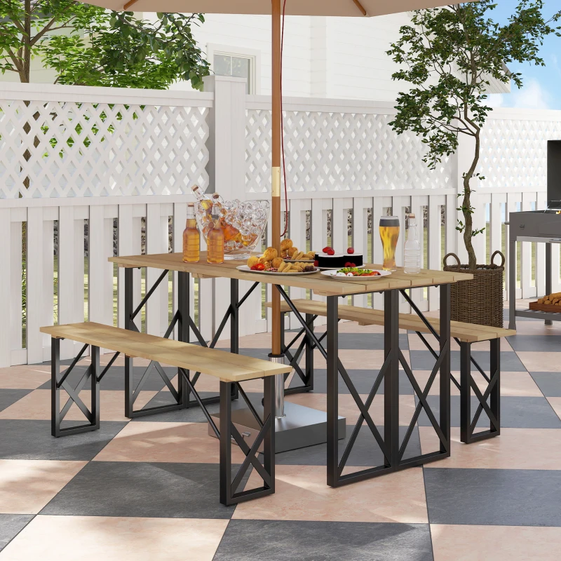 Outsunny Ensemble table et bancs en bois table de pique-nique en bois avec banc pour 6 à 8, 160 cm trou de parasol de 5 cm marron