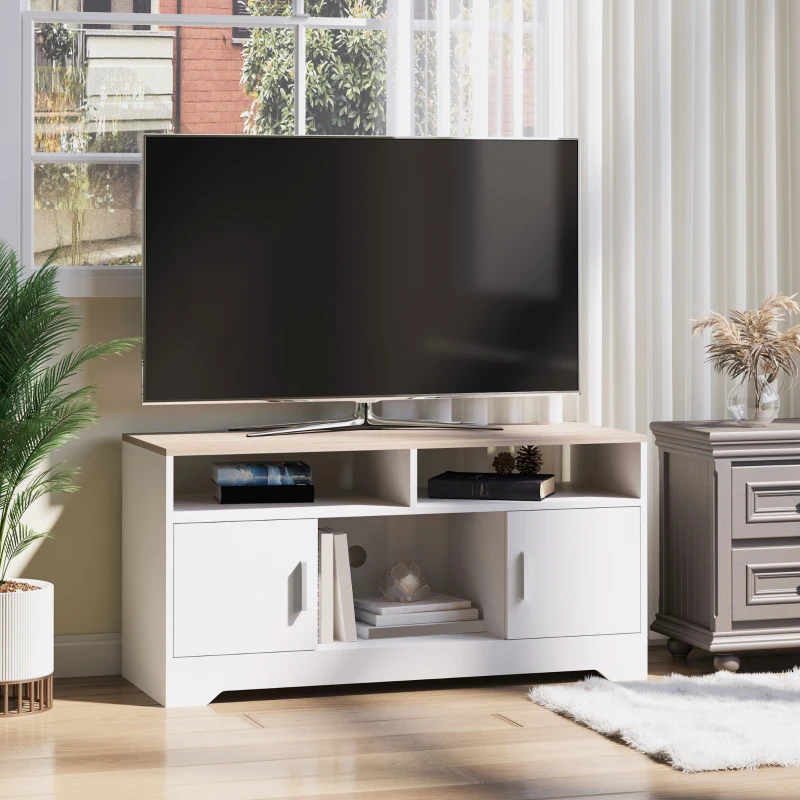 HOMCOM Meuble TV banc TV en bois grand espace de rangement avec 2 compartiments ouverts 2 armoires à porte une armoire ouverte 105 x 40 x 52 cm blanc