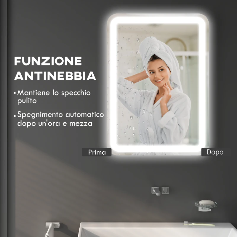 HOMCOM Specchio Bagno con Interruttore Touch, Luce LED a 3 Temperature e Antiappannamento, 70x50cm