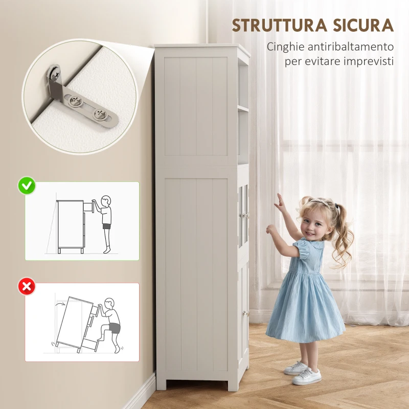 HOMCOM Mobile Dispensa con 2 Ripiani Aperti e 2 Armadietti con Ante, in MDF e Vetro, 60x30x162 cm, Bianco