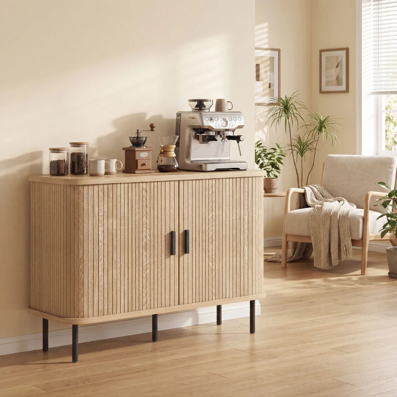 HOMCOM Buffet salon, meuble de rangement avec 2 portes coulissantes en tambour à lattes et 4 compartiments, chêne