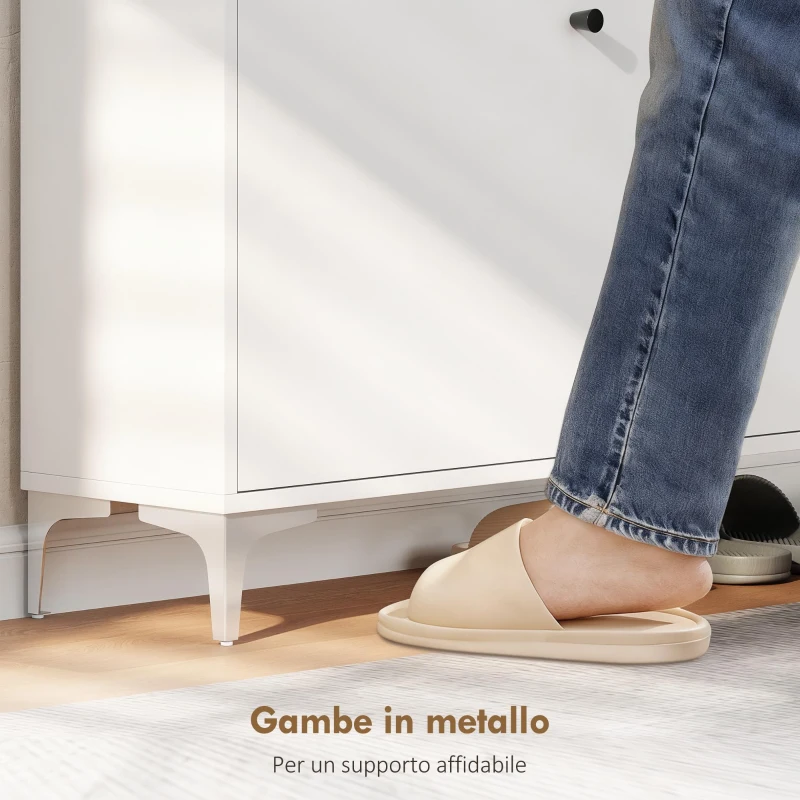 HOMCOM Mobile Scarpiera Slim con 2 Cassetti a Ribalta e Ripiani Regolabili, in Legno e Metallo, 80x24x101 cm, Bianco