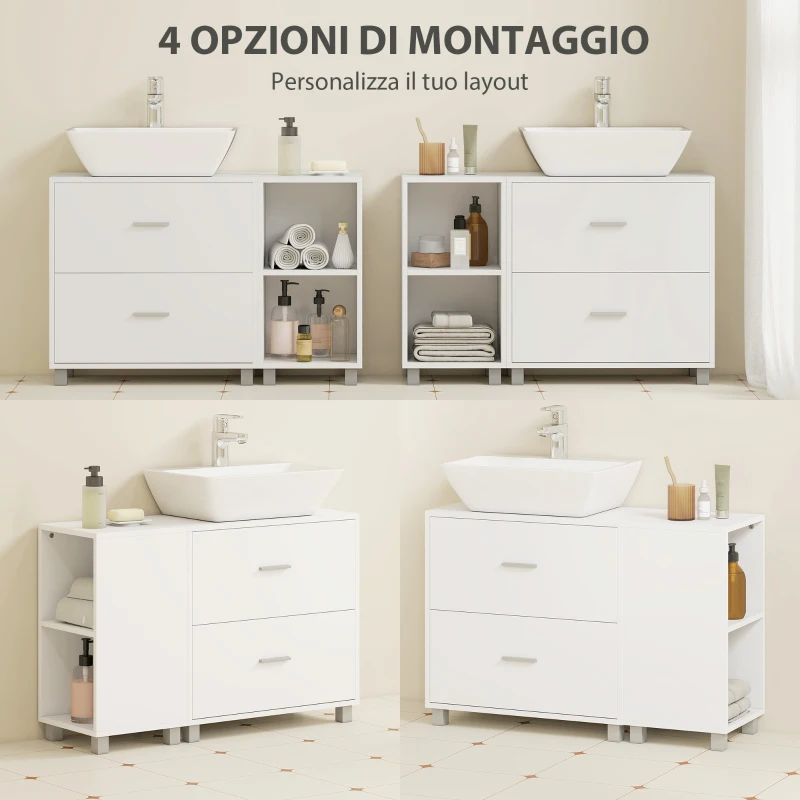 HOMCOM Mobile Sottolavabo Bagno con 2 Cassetti e Ripiani Aperti, in Legno, 90x30x60 cm, Bianco