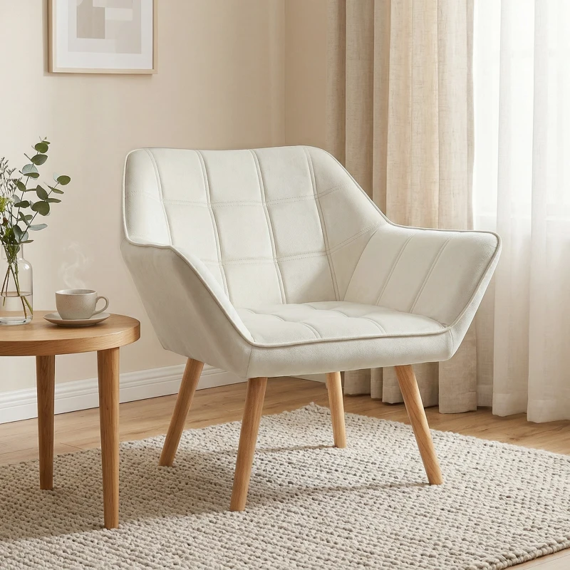 HOMCOM Fauteuil style scandinave dossier haut et accoudoirs, revêtement en polyester effet velours, 67 x 61,5 x 71 cm, crème
