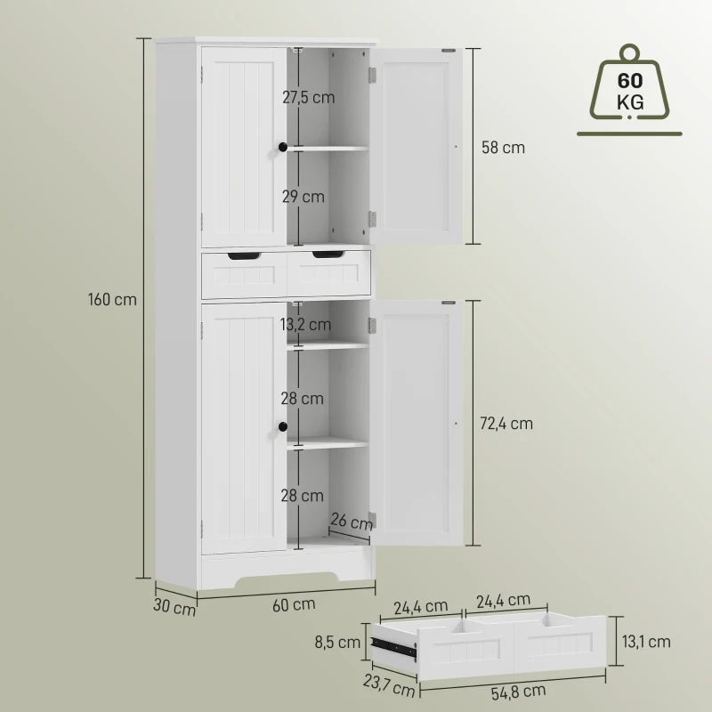 HOMCOM Meuble de salle de bain, meuble de rangement avec tiroir et 4 portes, style moderne, 60 x 30 x 160 cm, blanc