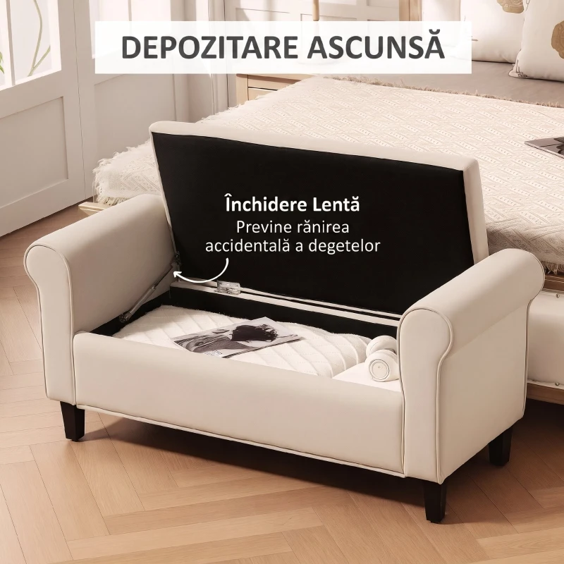 HOMCOM Bancă Dormitor cu Compartiment de Depozitare și Cotiere Rulate, 126x48.5x57 cm, Bej