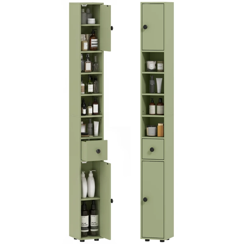 kleankin Badezimmerschrank schmal mit Schublade und 4 offenen Fächern für kleine Räume 20 x 20 x 180 cm Grün