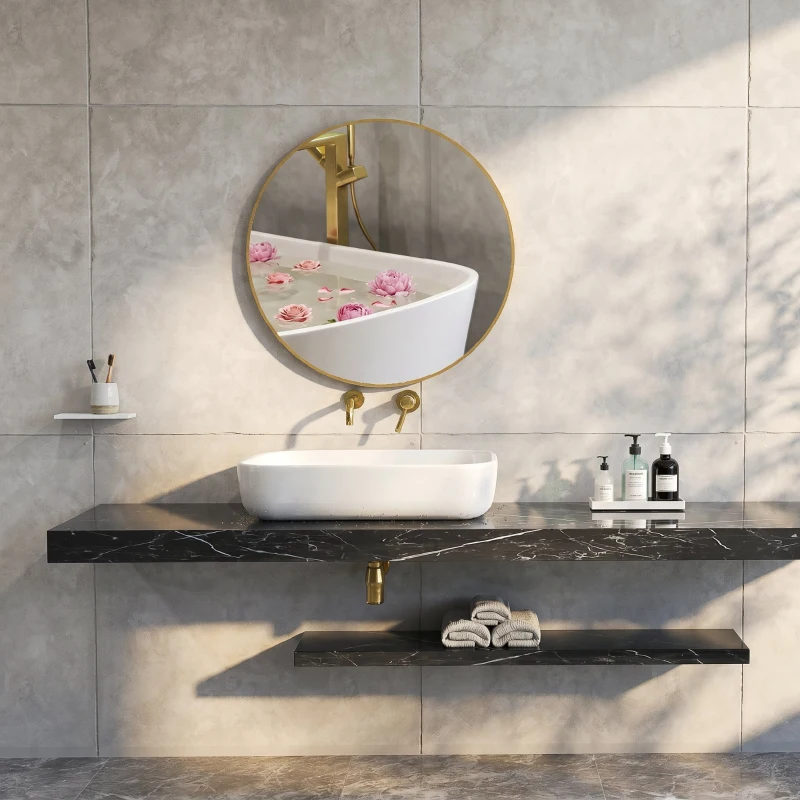 HOMCOM Oglindă rotundă pentru baie cu suprafață rezistentă la șocuri, din sticlă și oțel, Ø70x2,5 cm, culoare aurie