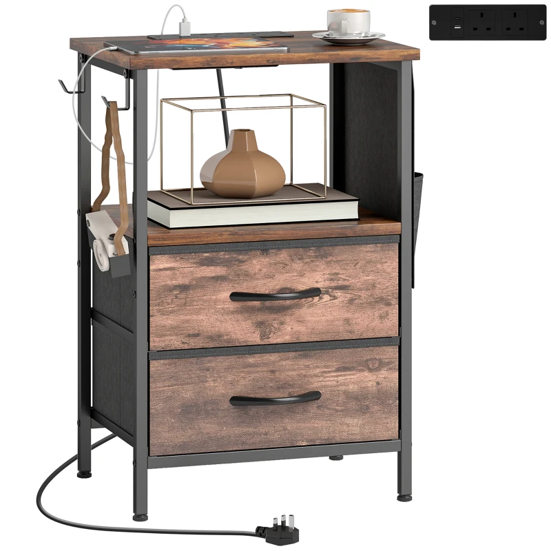 HOMCOM Bedside Table with Charging Station - Rustic Brown
