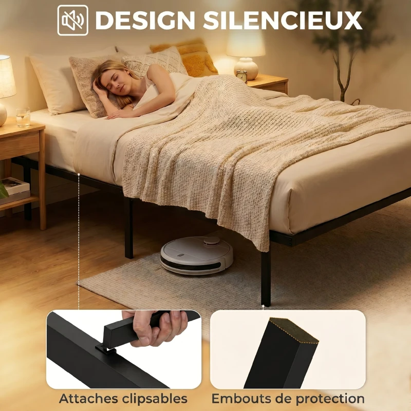 HOMCOM Cadre de lit 90 x 200 cm avec sommier en métal, lit simple avec rangement au-dessous, sans bruit, montage facile, noir