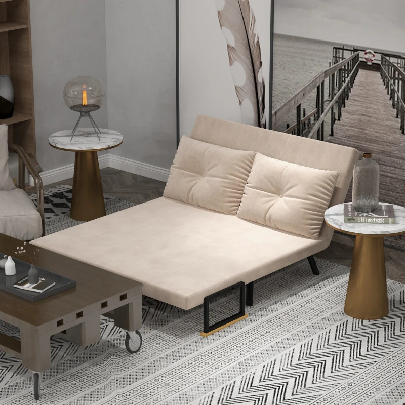 HOMCOM 4-in-1 Velvet-Feel Double Sofa Bed, with Pillows - Beige