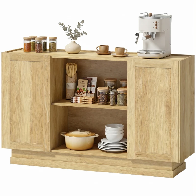 HOMCOM Sideboard Buffet Cabinet, 133 cm Storage Cabinet with 2 Open Shelves, 2 Cupboards and Soft Close Doors, Natural