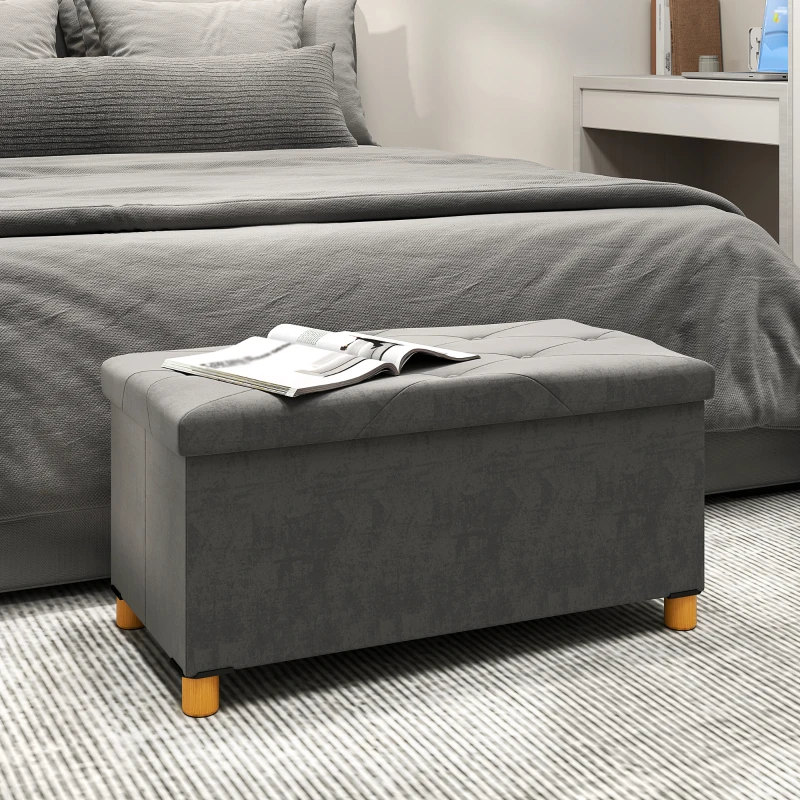 HOMCOM Banco de Armazenamento Dobrável Capacidade de 67 L  Estofado em Veludo Carga 120 kg 76x38x38 cm Cinza