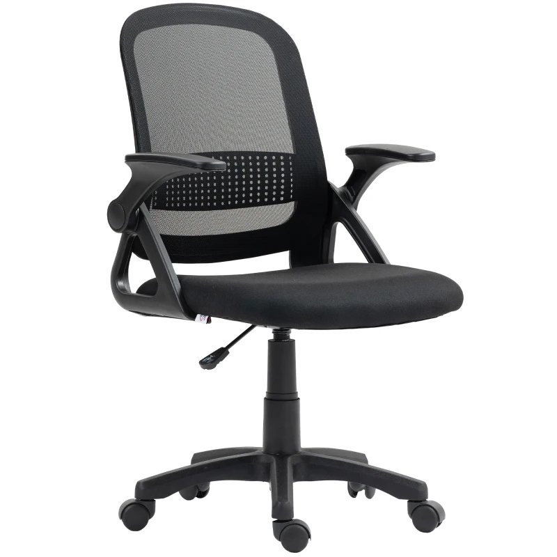 HOMCOM Atmungsaktiver Mesh-Bürostuhl, Ergonomischer Drehstuhl mit klappbaren Armlehnen und Lendenwirbelstütze, Schwarz