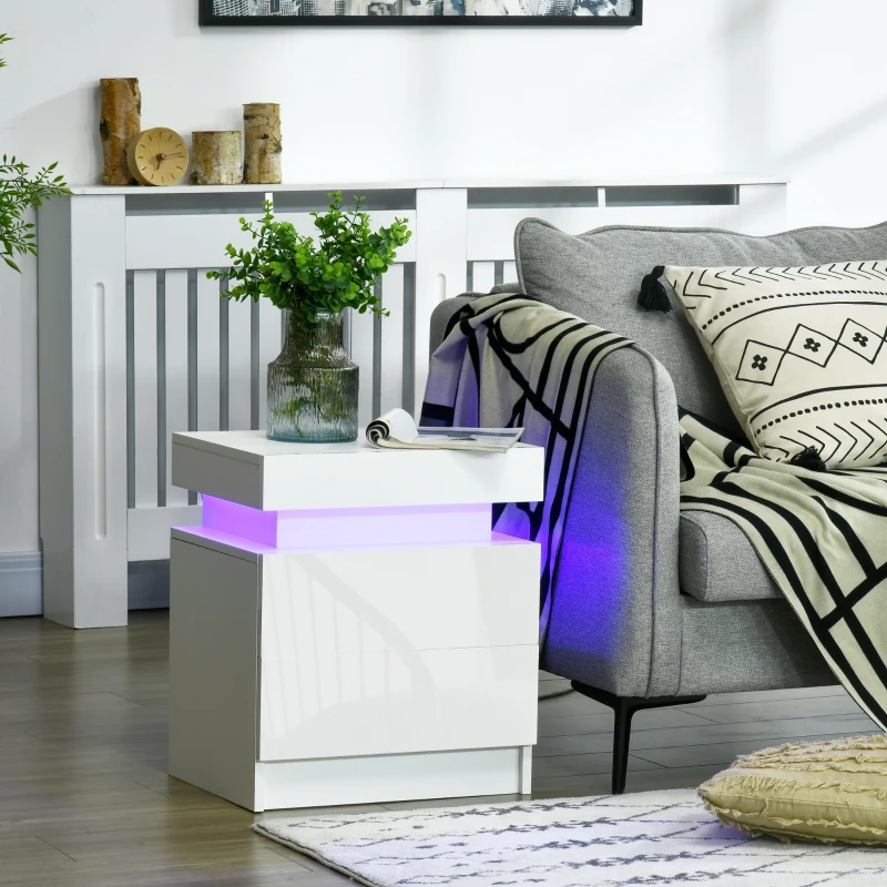 HOMCOM Mesa de Cabeceira com Luz LED Mesa de Cabeceira  Painel de Alto Brilho 2 Gavetas e Controlo 45x35x52 cm Branco