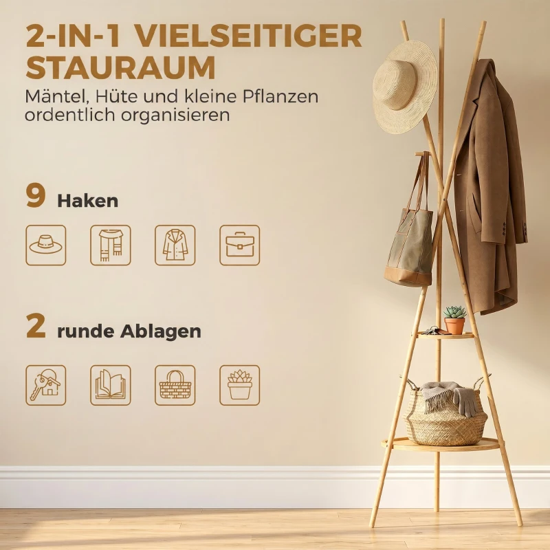 HOMCOM Freistehender Garderobenständer mit 9 Haken und 2 Regalböden für den Eingangsbereich, natur