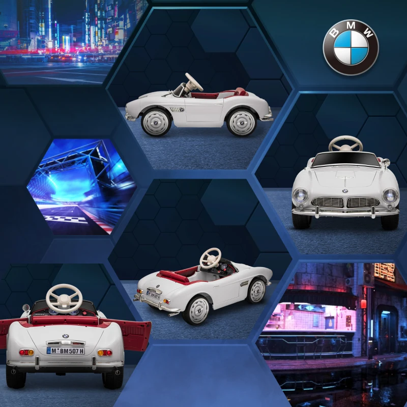 HOMCOM Macchina Elettrica per Bambini a 2 Porte con Licenza BMW 507, con Clacson e Telecomando, 115x55x47 cm, Bianca