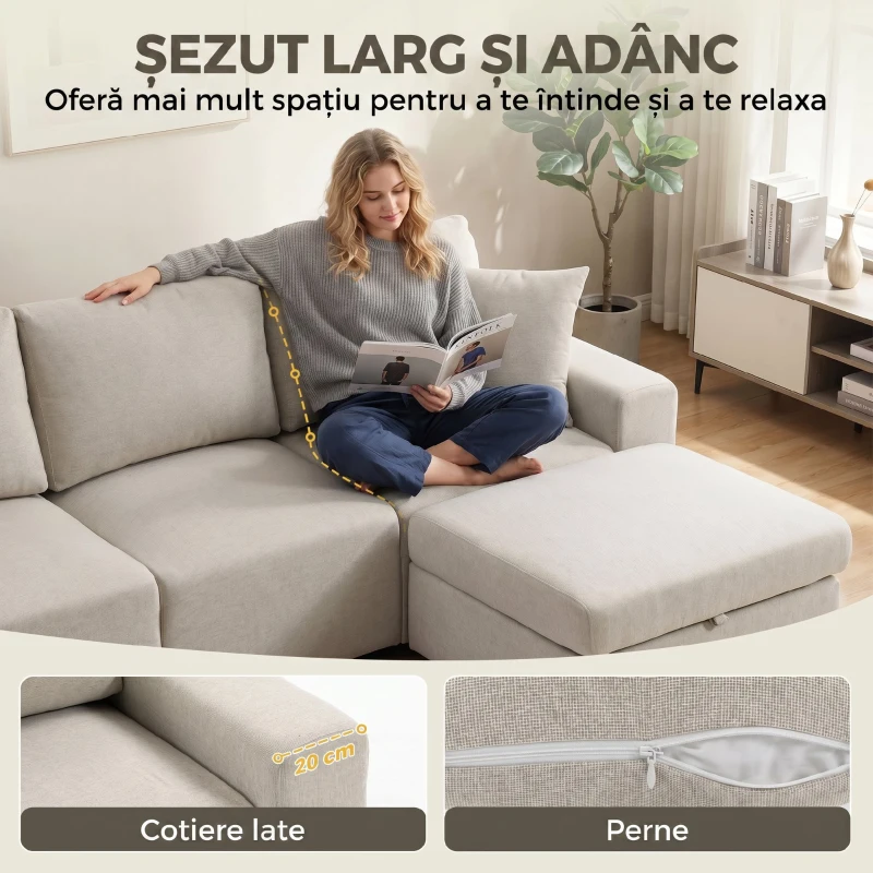 HOMCOM Canapea de Colț 3 Locuri, Respirabilă, cu Taburet cu Depozitare, Bej