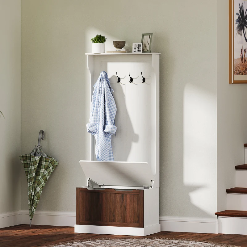 HOMCOM Mobile Appendiabiti 3 in 1 con 4 Ganci e Panca Contenitore, in Legno, 71.5x39.5x170 cm, Bianco