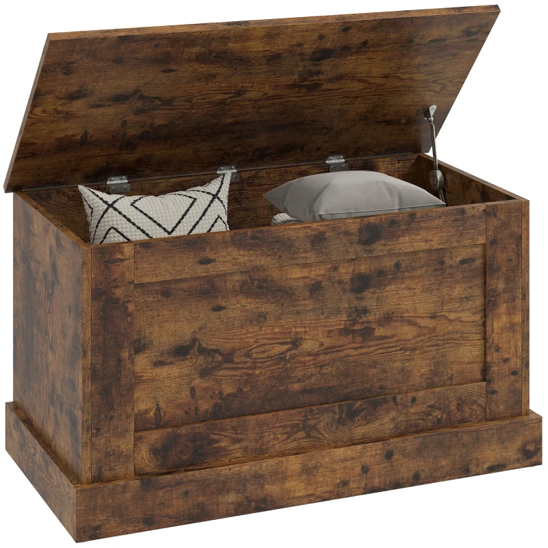 HOMCOM Coffre de rangement, coffre à jouets, avec charnière de sécurité, pour salon, en bois, 80 x 40 x 45 cm, brun rustique