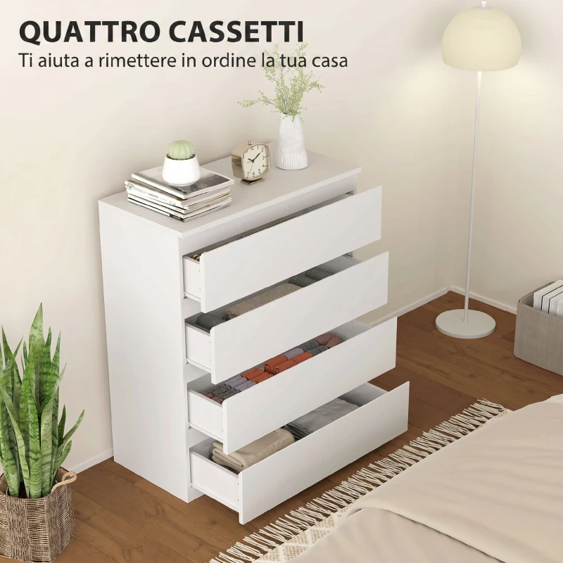 HOMCOM Cassettiera 4 Cassetti Moderna senza Maniglie per Camera e Soggiorno, 80x39x95 cm, Bianco