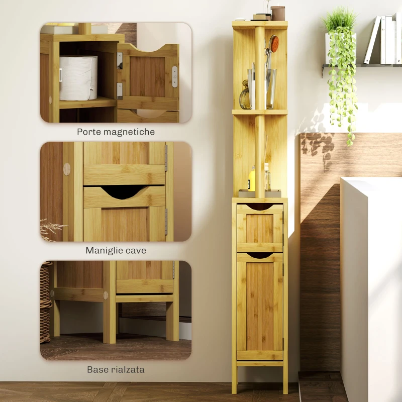 HOMCOM Colonna Bagno con Ripiani Aperti e Armadietti con Ante Magnetiche, 18x30x120 cm, Colore Legno