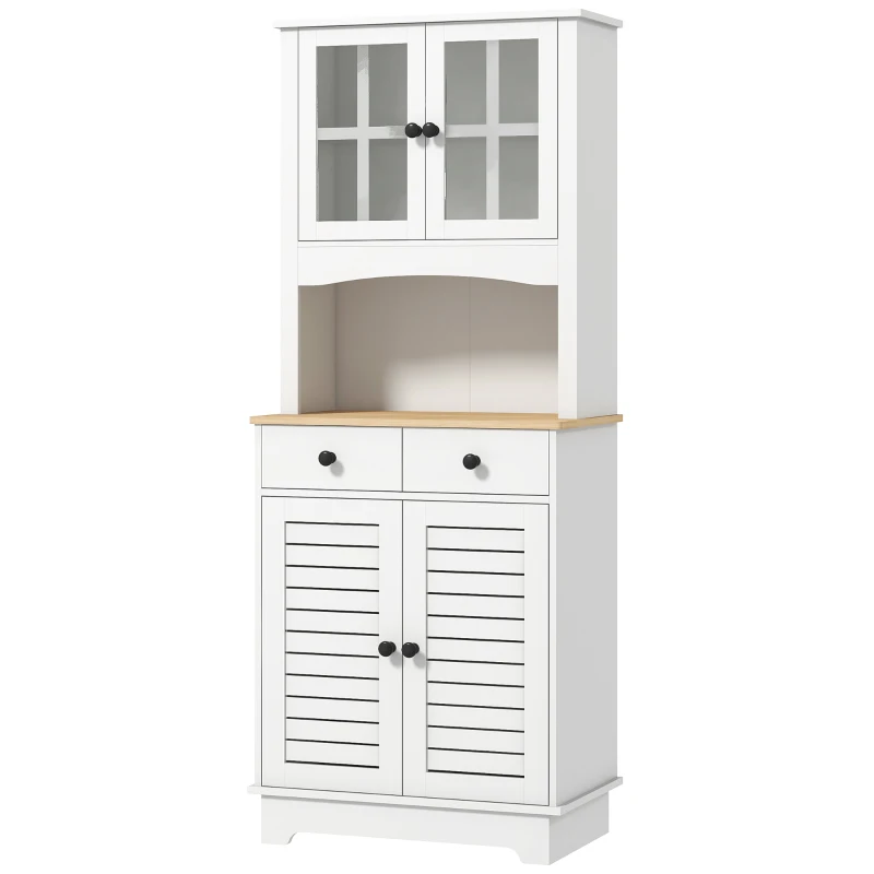 HOMCOM Küchenschrank mit Glastüren, 2 Schubladen, Geschirrschrank, Esszimmerschrank, Holz, 68 x 39,5 x 170 cm, Weiß(m-11)