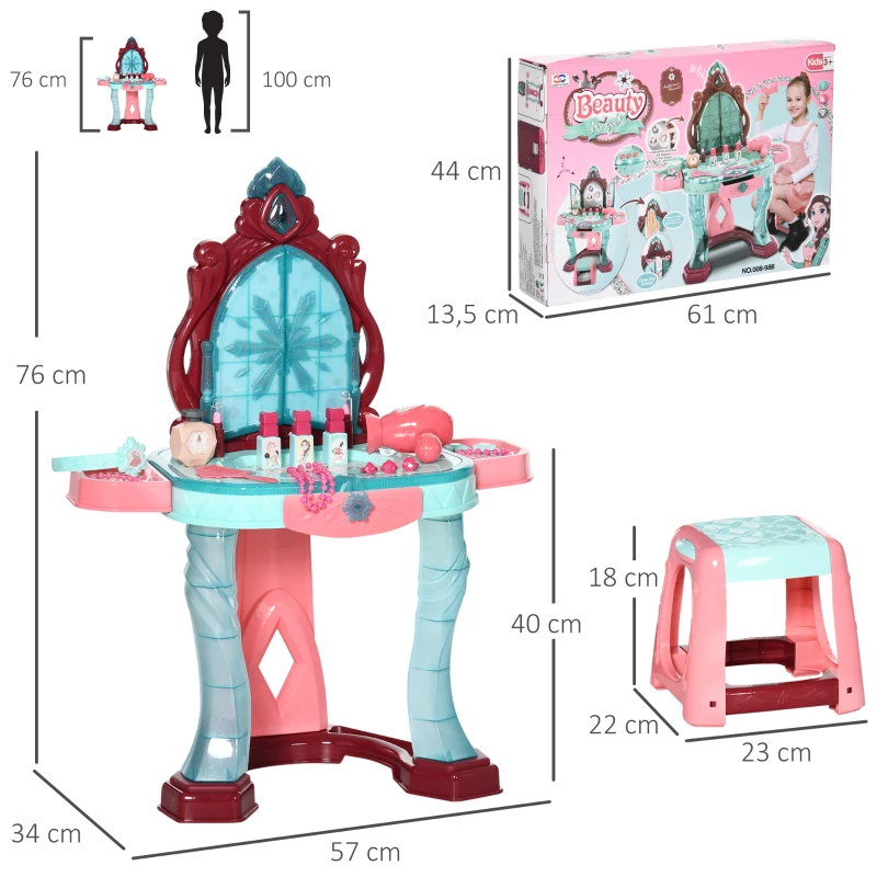 AIYAPLAY Toucador Infantil com Banco Espelho Luz Música e Secador Inclui 31 Acessórios Toucador de Maquilhagem 57x34x73cm Multicor