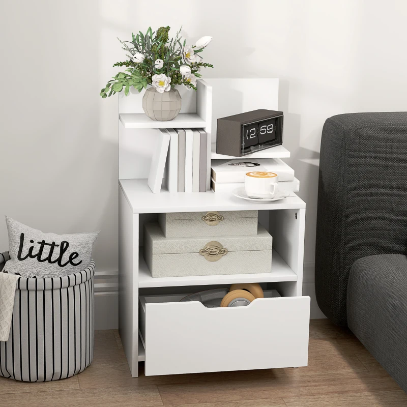 HOMCOM Mesa de Cabeceira de Madeira Moderna com Gaveta e Prateleiras de Armazenamento 45x35x73 cm Branco